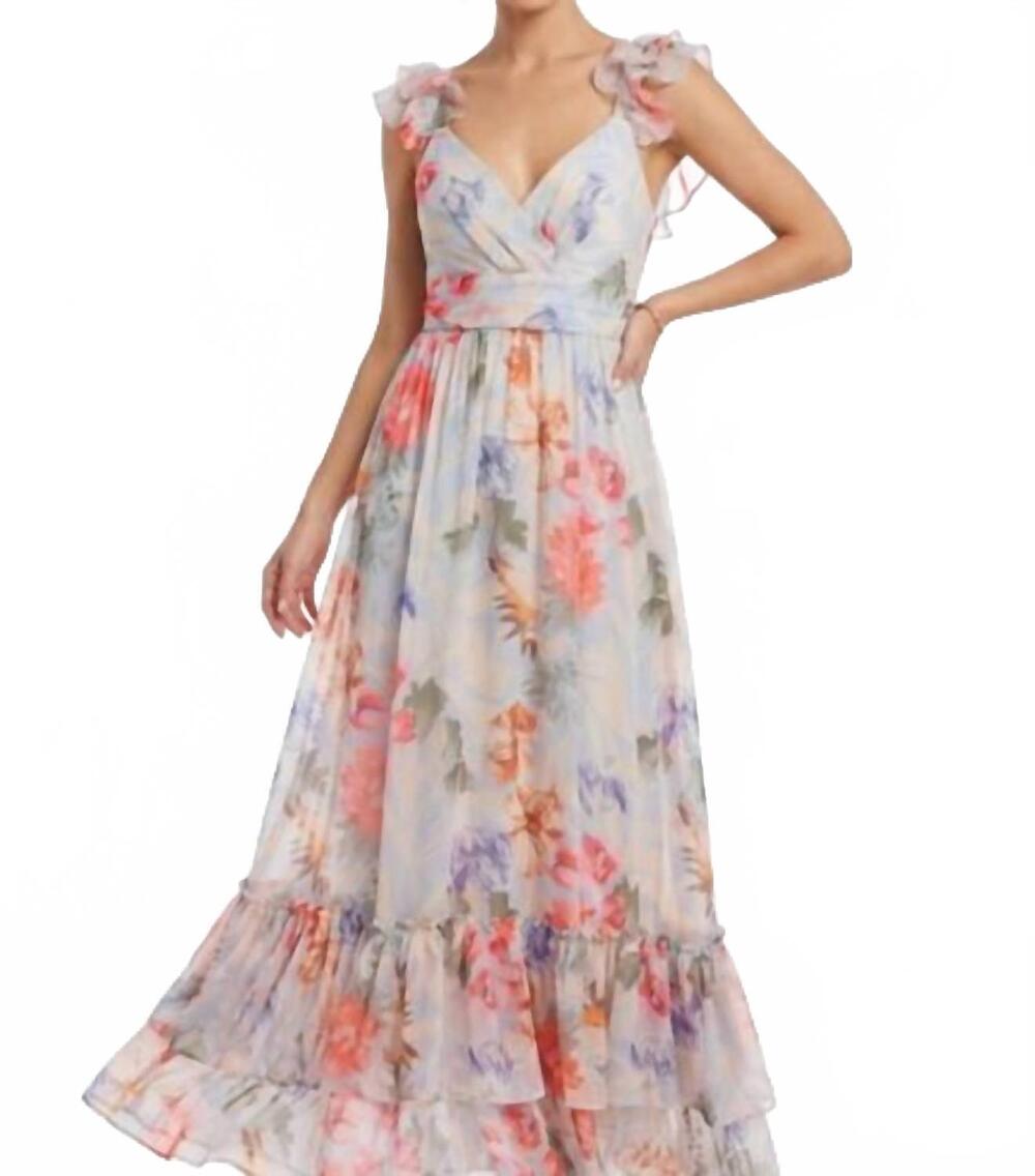 NEW INA FASHION ruffled floral chiffon dress in blue multi